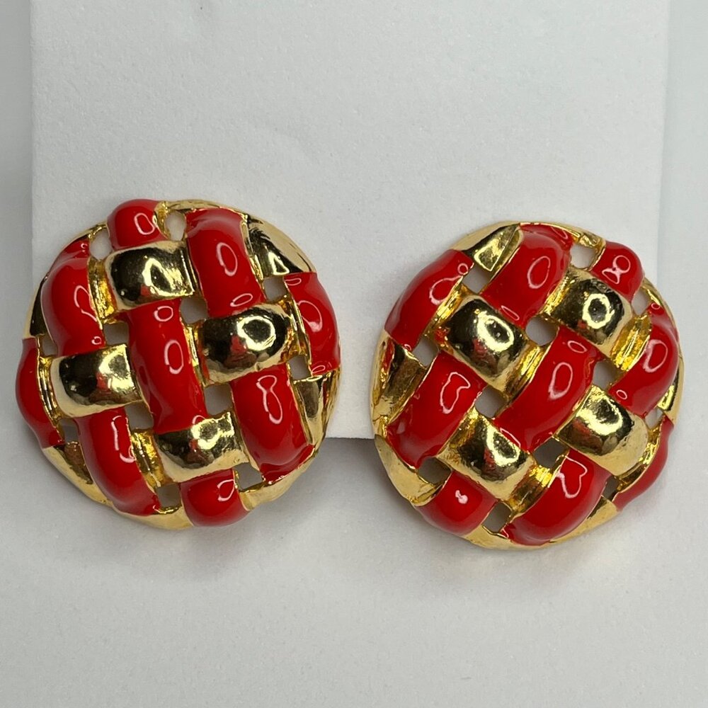 Vintage Gold & Red Enamel Clip-On Earrings